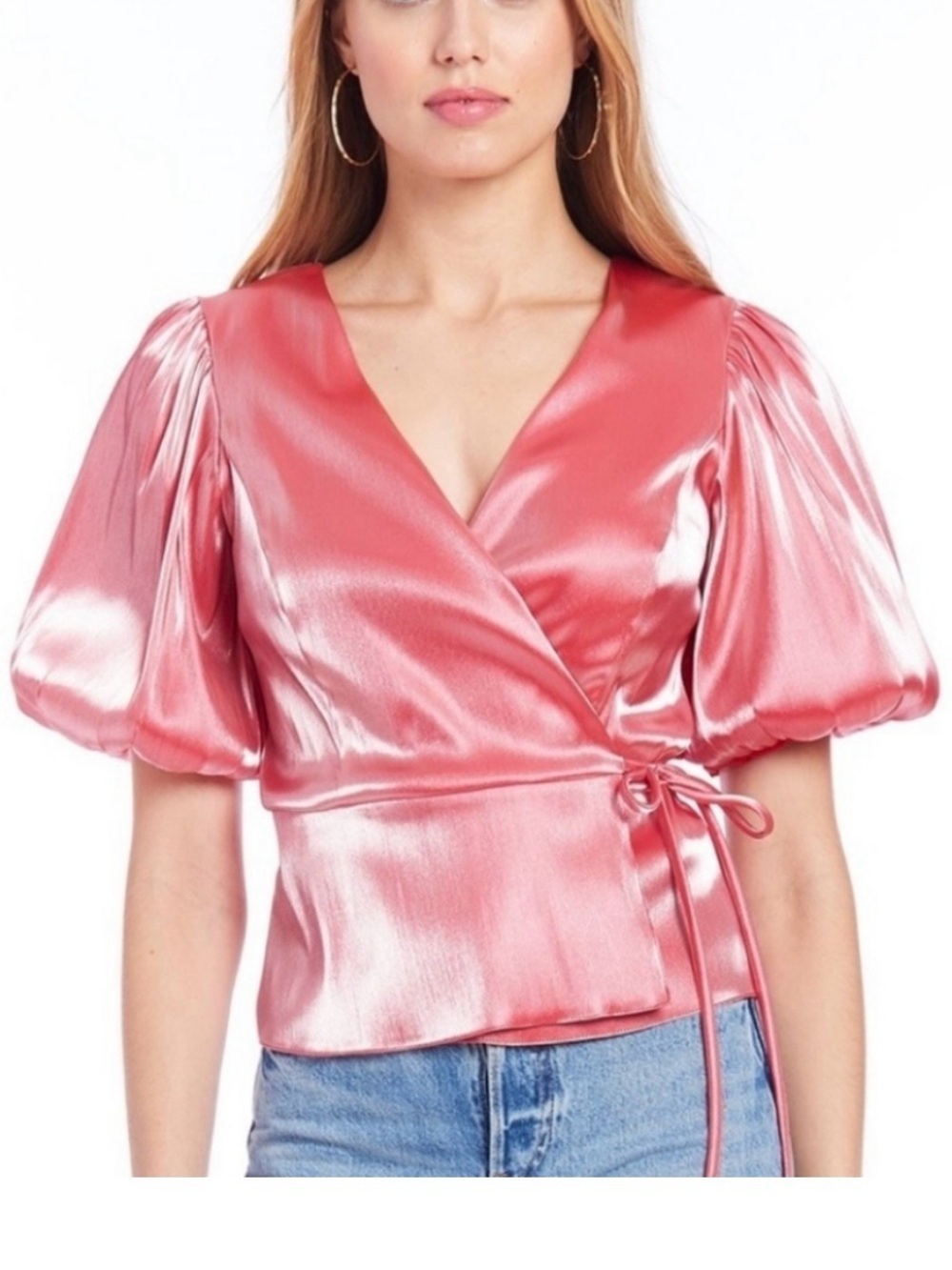 Amanda Uprichard Maggie Pink Metallic Organza Puff Sleeve Wrap Top XS